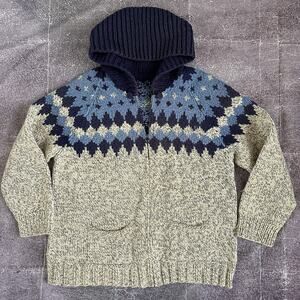 Mens Vintage 50's Blue Gray Chunky Cowichan Knit Hooded Zip Sweater Jacket Sz XL